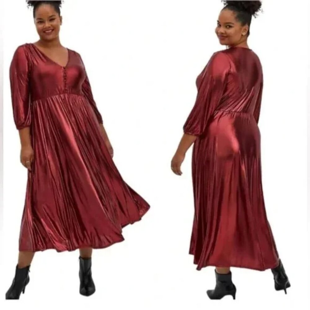 Torrid Plus Red Metallic Liquid Knit Maxi Dress Long Sleeve V neck